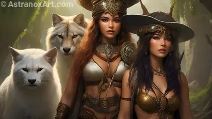 Female Mage and Hunter Ally with white wild cat and wolf - 4K Wallpaper