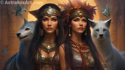 Enchanting 4K wallpaper: two female shamans, magical circlets, feline companions, and more in a world of mystical wonder