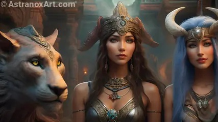 Enchanting 4K wallpaper: sorceress, hunter, mystical beast, and mystical temple, a world where magic and reality intertwine