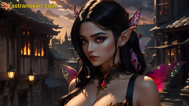 Captivating female elf warlock in urban fantasy setting at sunset - 4K wallpaper capturing her allure and power Astranox Art