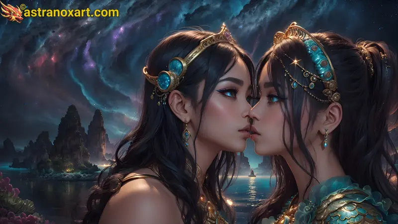 Two girls in love share a starlit kiss by the lake under the night sky - Fantasy 4K wallpaper Astranox Art