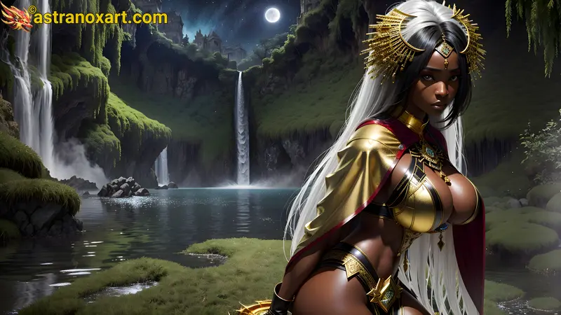 Enigmatic sorceress by a cascading waterfall at dusk, radiating enchantment and magic - Fantasy HD 2K 4K wallpaper Astranox Art