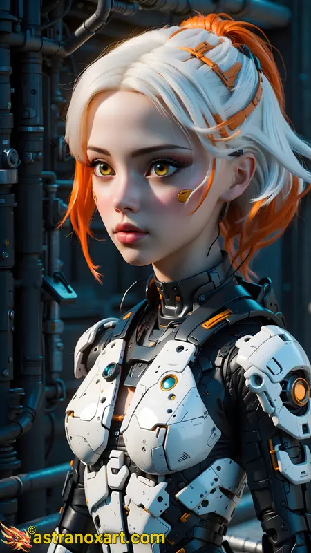 Female cyborg warrior with platinum hair and orange highlights. Hazel eyes pierce the darkness of Biohazard Alley. Cybernetic enhancements make her deadly in dangerous futuristic fashion district. Advanced appearance complements high-tech abilities. Technology reigns supreme, sleek lines, ethereal neon glow, force to be reckoned with. Astranox Art