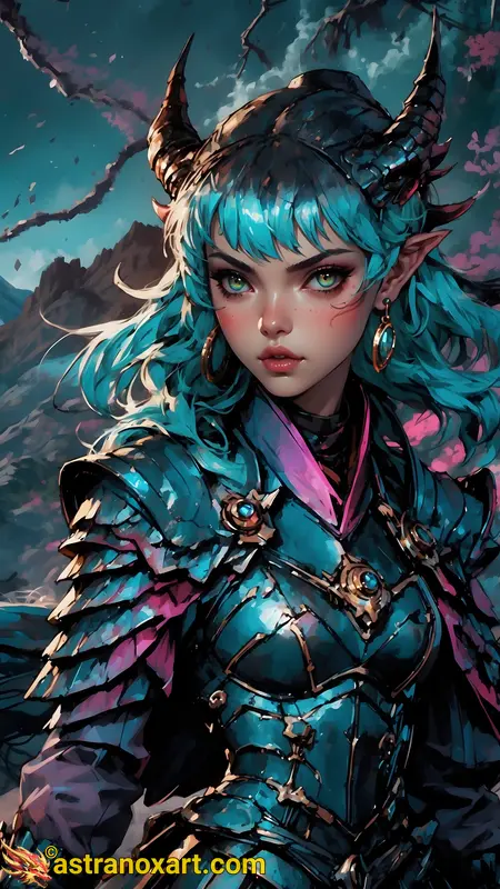 Horned female demon warlock with teal hair and green eyes in Nightmare Peaks landscape wearing sophisticated armor. Stunning 4K wallpaper for fans of dark fantasy and anime art. Astranox Art