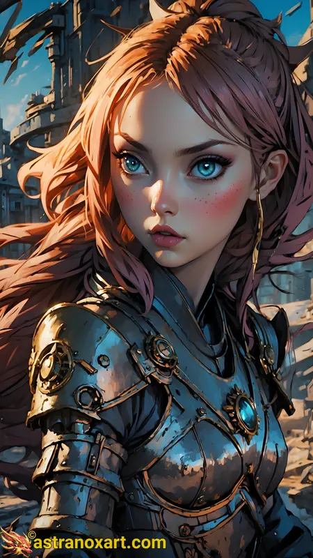 Red-Haired Beauty: An alluring anime-style illustration featuring a red-haired warrior with teal eyes amidst the enchanting architecture of the Clockwork City. Explore this unique world with this stunning wallpaper. Astranox Art