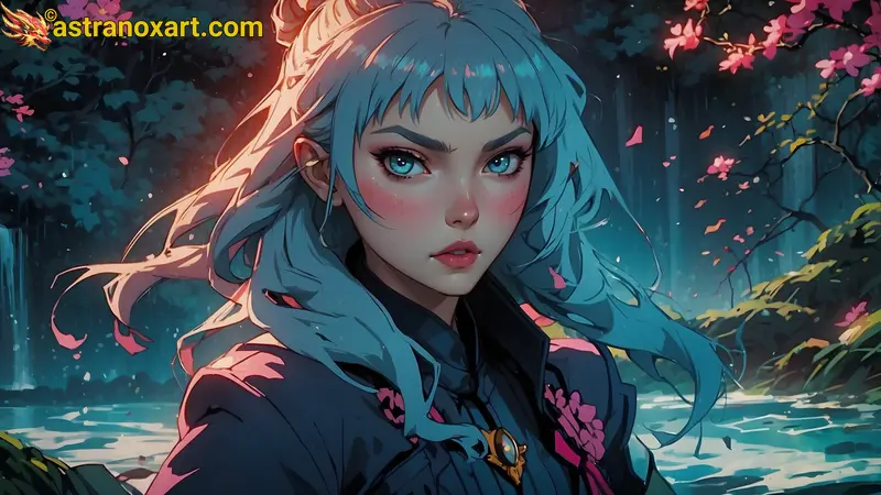 A mystical beauty in teal hair and eyes stands gracefully amidst the shimmering waters of Aurora Falls, surrounded by a dark and enchanting atmosphere. Astranox Art