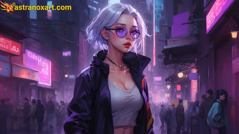 A breathtakingly detailed and atmospheric 4K wallpaper depicting a stunningly beautiful and attractive young woman with platinum hair and an athletic physique walking through a busy Cyberpunk city alleyway filled with neon signs and people. Astranox Art