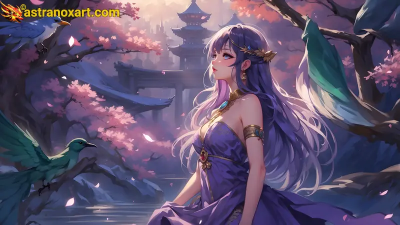 A captivating 4K wallpaper depicting a stunningly beautiful enchantress with origins in Scandinavia, Japan, and Egypt, clad in a manga-inspired dress of ethereal lilac and royal blue with glittering gemstones, standing amidst the shadowy Darknet Alley where hackers and data dealers trade illegal information. Astranox Art