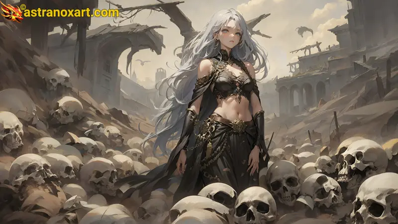 An enthralling 4K wallpaper depicting a stunningly beautiful bone priestess of Brazilian, Indian, and Chinese origins, clad in tattered dark robes and an obsidian corset adorned with bleached bones, standing amidst The Boneyard, a realm where an undying army of fallen warriors guards dark mysteries. Astranox Art