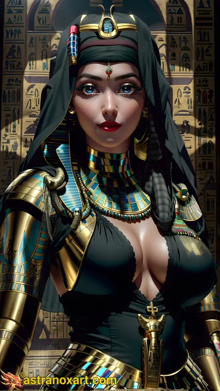 Enchanting portrait of a female Priest with captivating blue eyes and lustrous black hair, set against an Egyptian pyramid - 4K fantasy portrait, an enchanting journey to enchantment Astranox Art