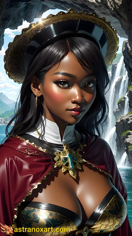 Mystical portrait of a female Priest with hazel eyes and straight black hair by a waterfall - 4K fantasy portrait, a journey to the world of magic and wonder in an African-inspired landscape Astranox Art