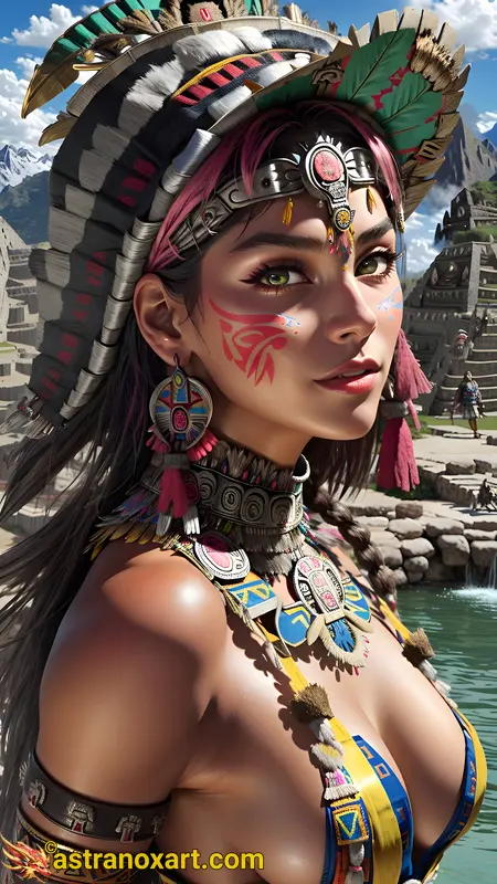 Mysterious portrait of a female Shaman with captivating green eyes and straight black hair among ancient ruins in the daytime - 4K fantasy portrait, an invitation to discover the enchantment and embrace wisdom Astranox Art