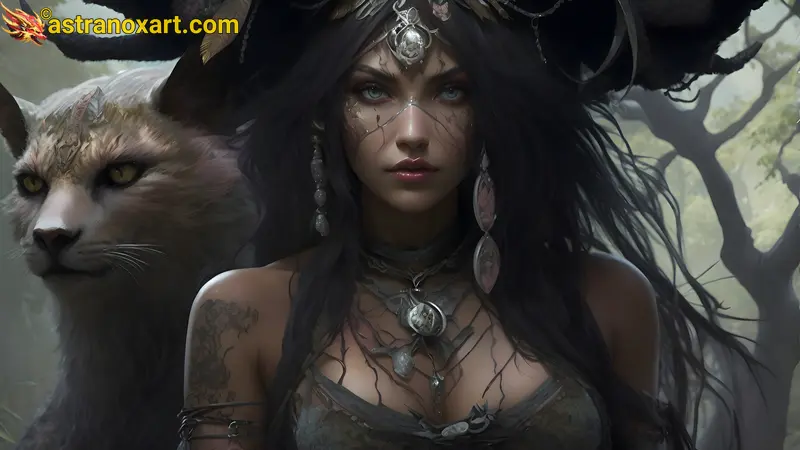 Enchanting Female Druid with Black Hair and Mythical Feline Companion in a Mystical Forest - Fantasy Wallpaper Astranox Art