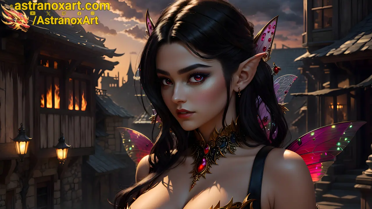 Captivating female elf warlock in urban fantasy setting at sunset - 4K wallpaper capturing her allure and power Astranox Art