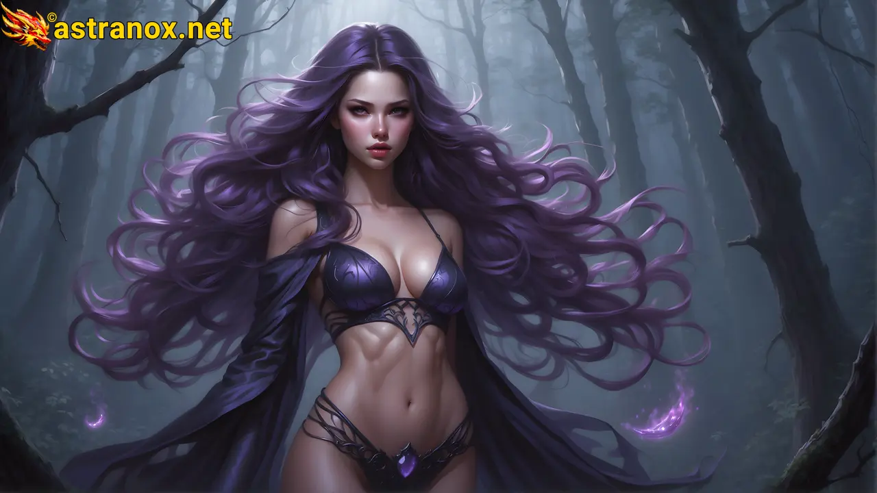 A witch with amethyst locks concocts dark magic in the cursed forest in this 4K wallpaper, illuminated by moonlight. Astranox