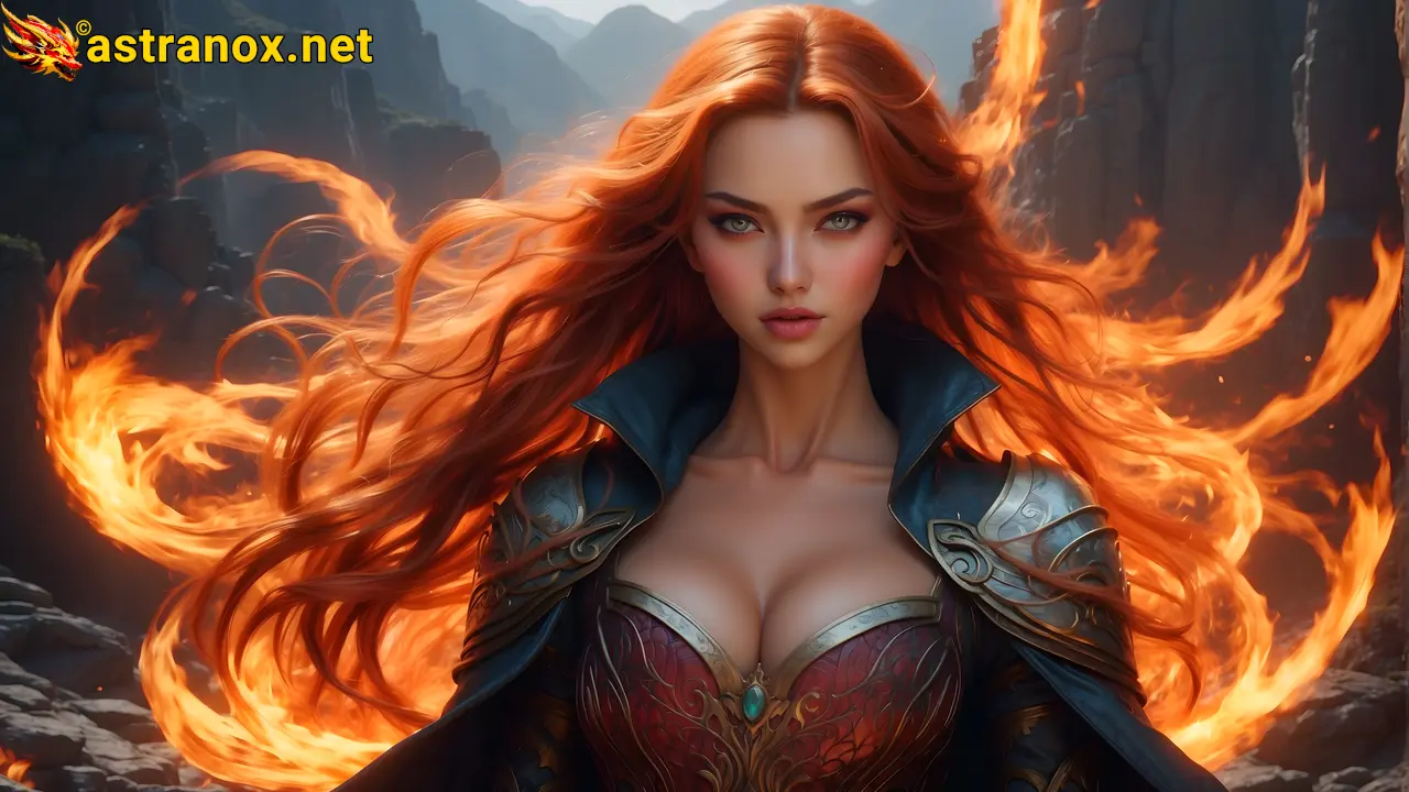 A mesmerizing portrait of a flame-haired enchantress in a cursed valley, her fiery hair reflecting the glow of powerful flames in this 4K wallpaper. Astranox