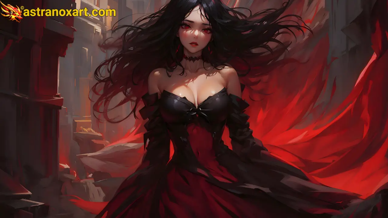 A mesmerizing 4K wallpaper depicting a stunningly beautiful blood priestess with glowing crimson eyes, of Spanish, Ethiopian, and Filipino origins, clad in revealing black garb, standing within The Gorgemire, a bottomless underworld chasm teeming with foul ooze, congealed viscera, and unholy abominations swimming in the depths. Astranox Art