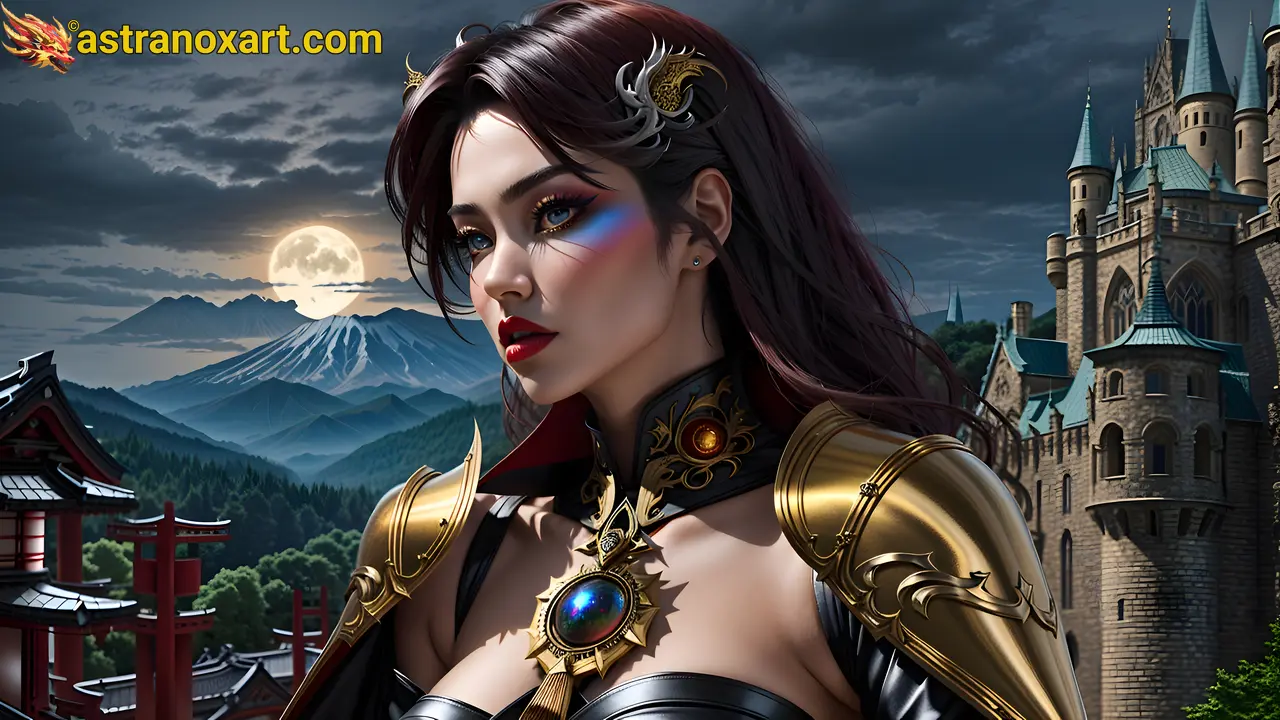 Captivating female warlock with blue eyes and burgundy hair, set against the enchanting backdrop of a modern cityscape at dusk - 4K fantasy wallpaper bringing magic to life Astranox Art