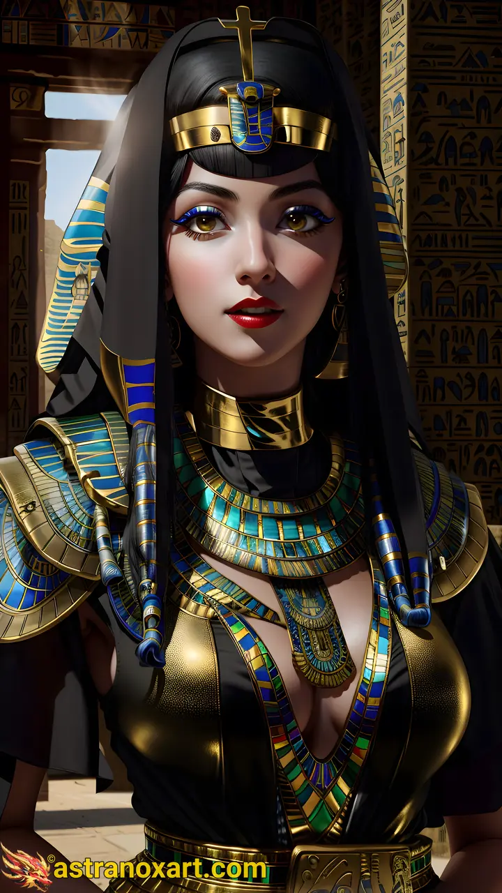 Captivating portrait of a female Priest with striking grey eyes and flowing black hair, set against an Egyptian pyramid - 4K fantasy portrait, an enchanting journey to enchantment Astranox Art