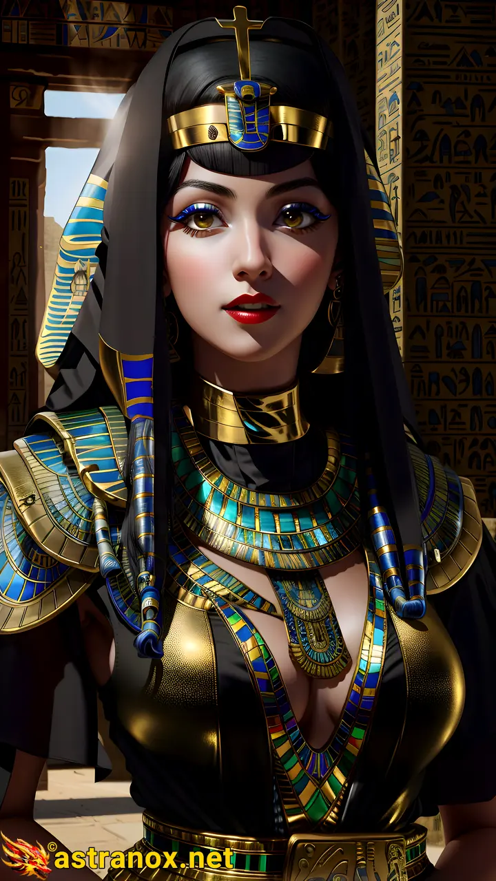 Captivating portrait of a female Priest with striking grey eyes and flowing black hair, set against an Egyptian pyramid - 4K fantasy portrait, an enchanting journey to enchantment Astranox