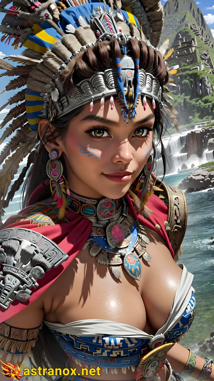 Mystical portrait of a female Shaman with captivating hazel eyes and straight black hair against the tranquil river in the daytime - 4K fantasy portrait, an invitation to discover the unknown and embrace mystery Astranox